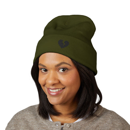Embroidered Broken Heart Cuffed Beanie — Black-Heart Minimalist Knit Hat