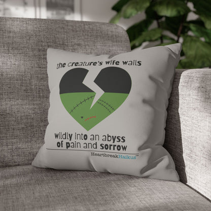 The Creature's Wife Wails Frankenstein Haiku - Faux Suede Square Pillowcase (in light grey)