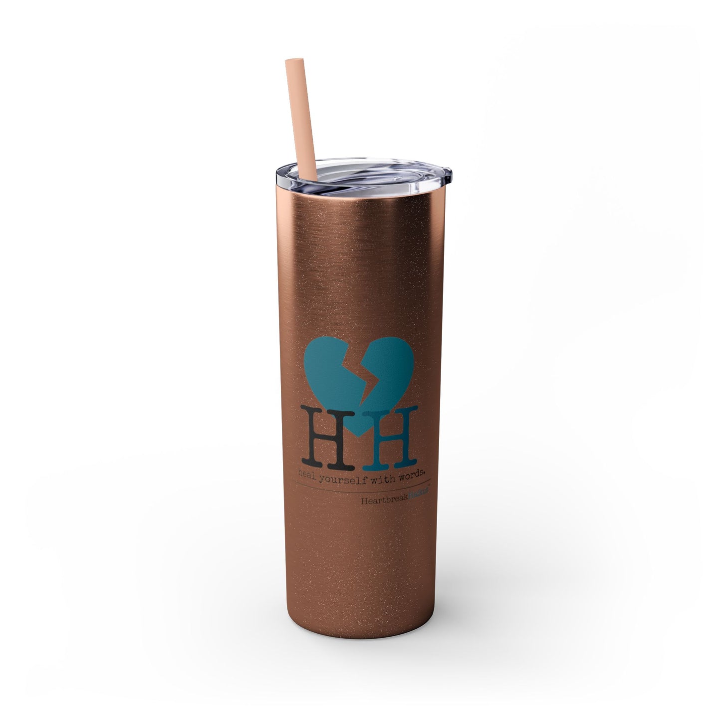"Heal yourself with words." (Broken heart design) Skinny Tumbler with Eco-Friendly, Reusable, Matching Straw, 20oz