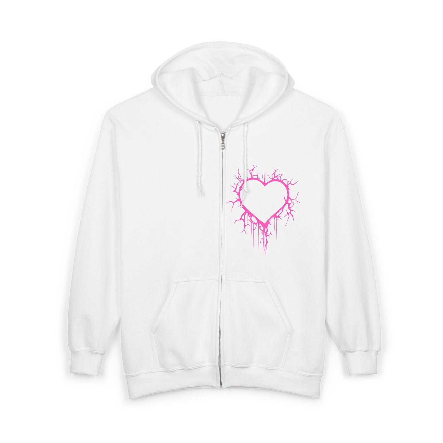 Lightning-Cracked Hollow Heart Zip Hoodie — Alternative/Goth/Punk Bleeding Heart Full‑Zip Sweatshirt in Electric Pink (The Only Hearts Collection)