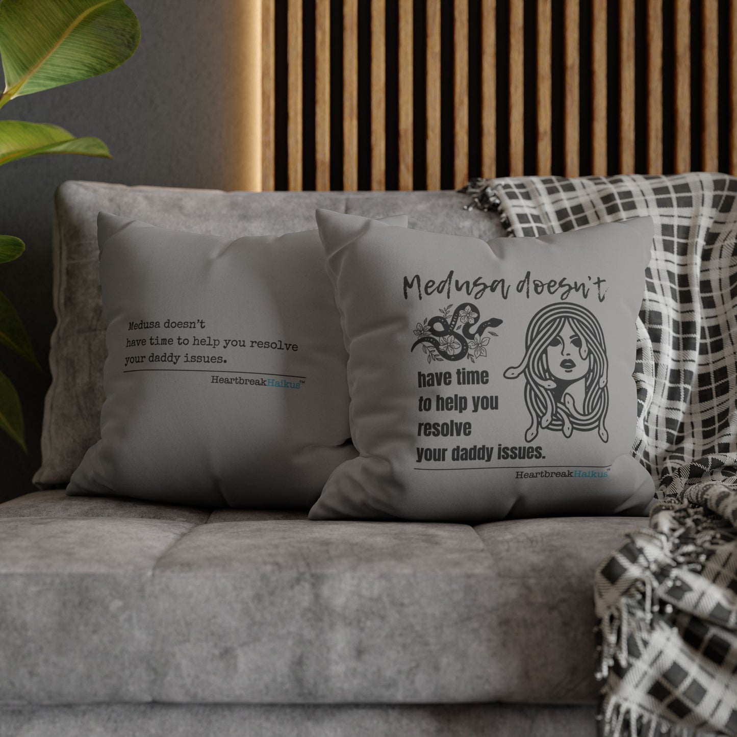 Medusa and Your Daddy Haiku - Faux Suede Square Pillowcase in Stone Grey