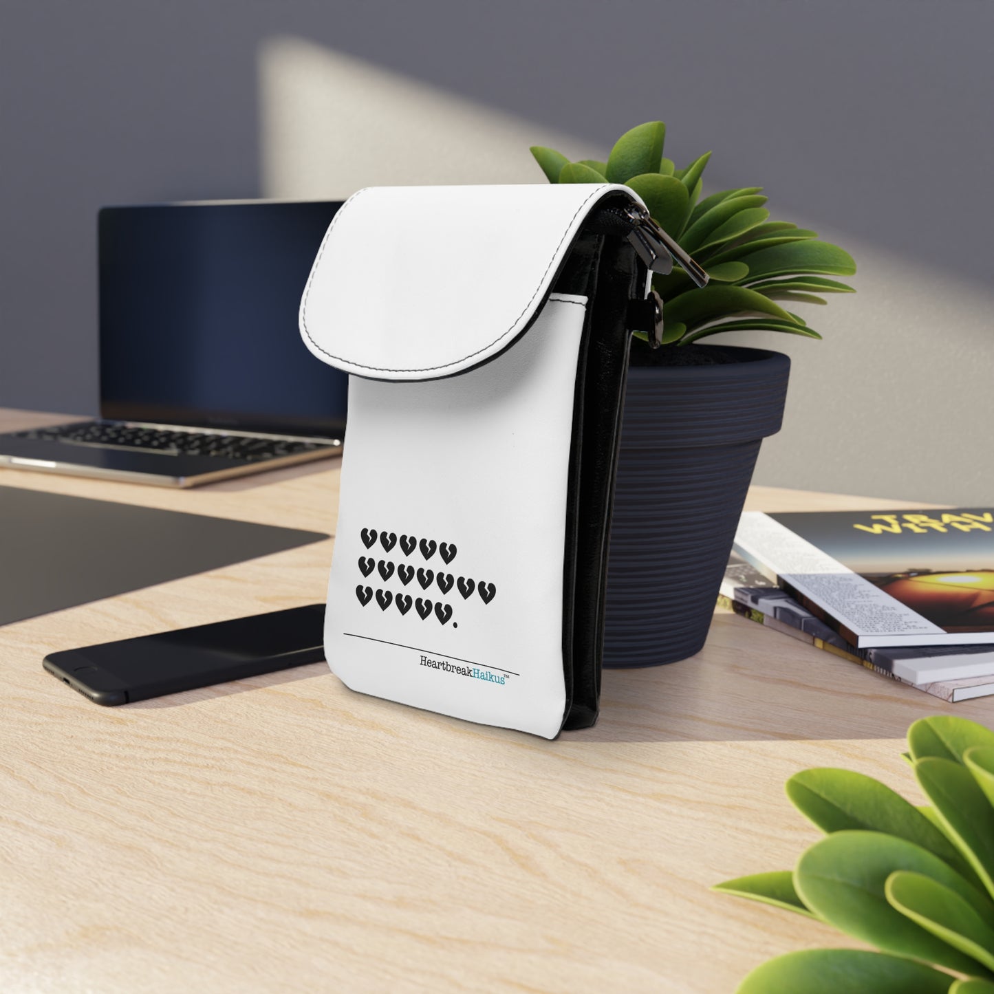 Heartbreak Emoji Small Cell Phone Wallet, Haiku Poetry Visual Art Pouch