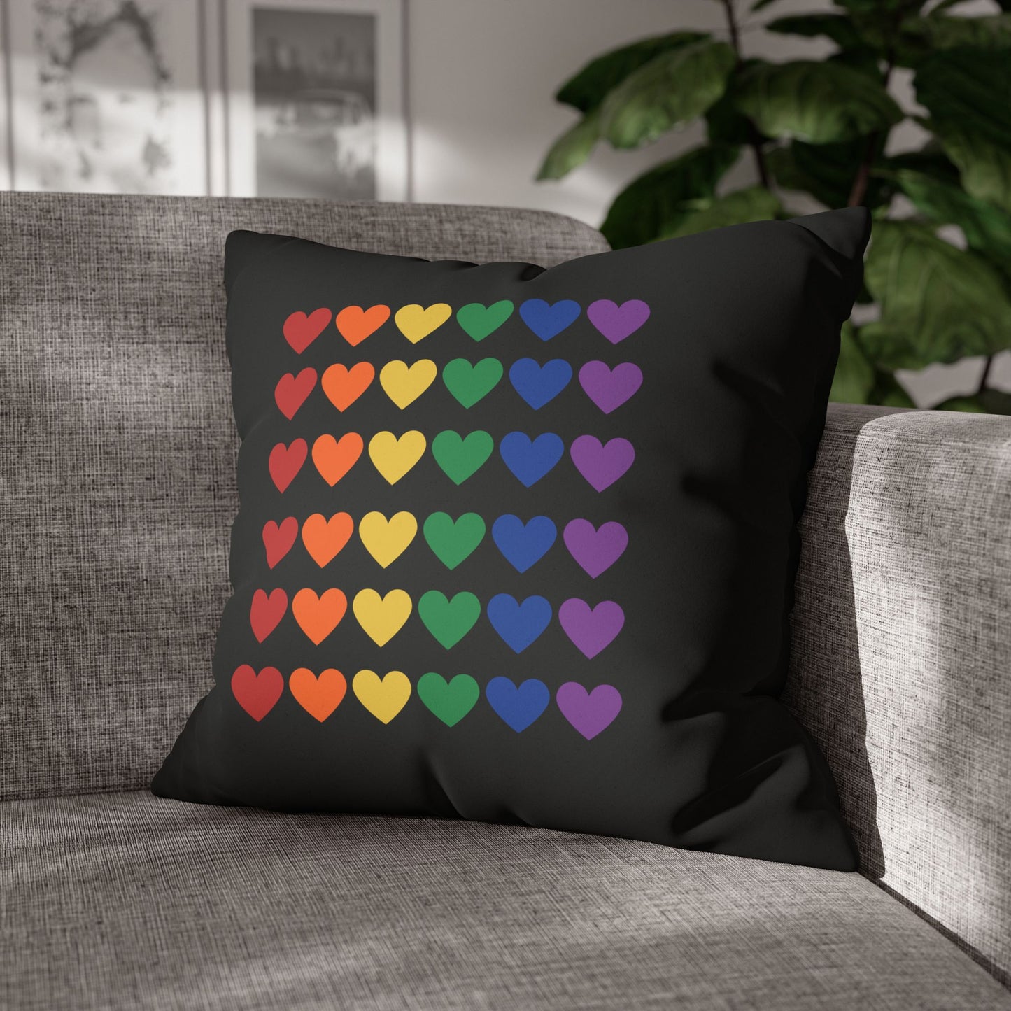 Rainbow Hearts on Black - Faux Suede Square Pillowcase (Only Hearts Collection)