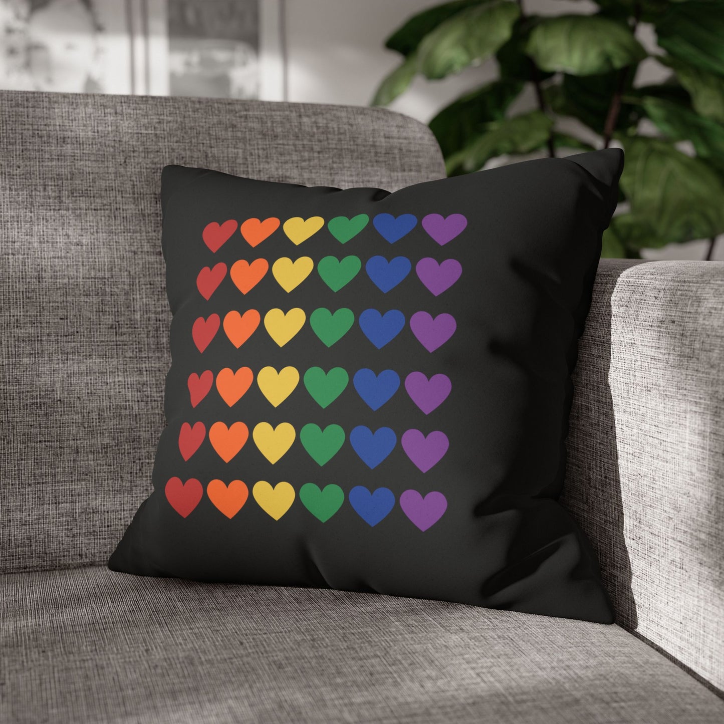 Rainbow Hearts on Black - Faux Suede Square Pillowcase (Only Hearts Collection)