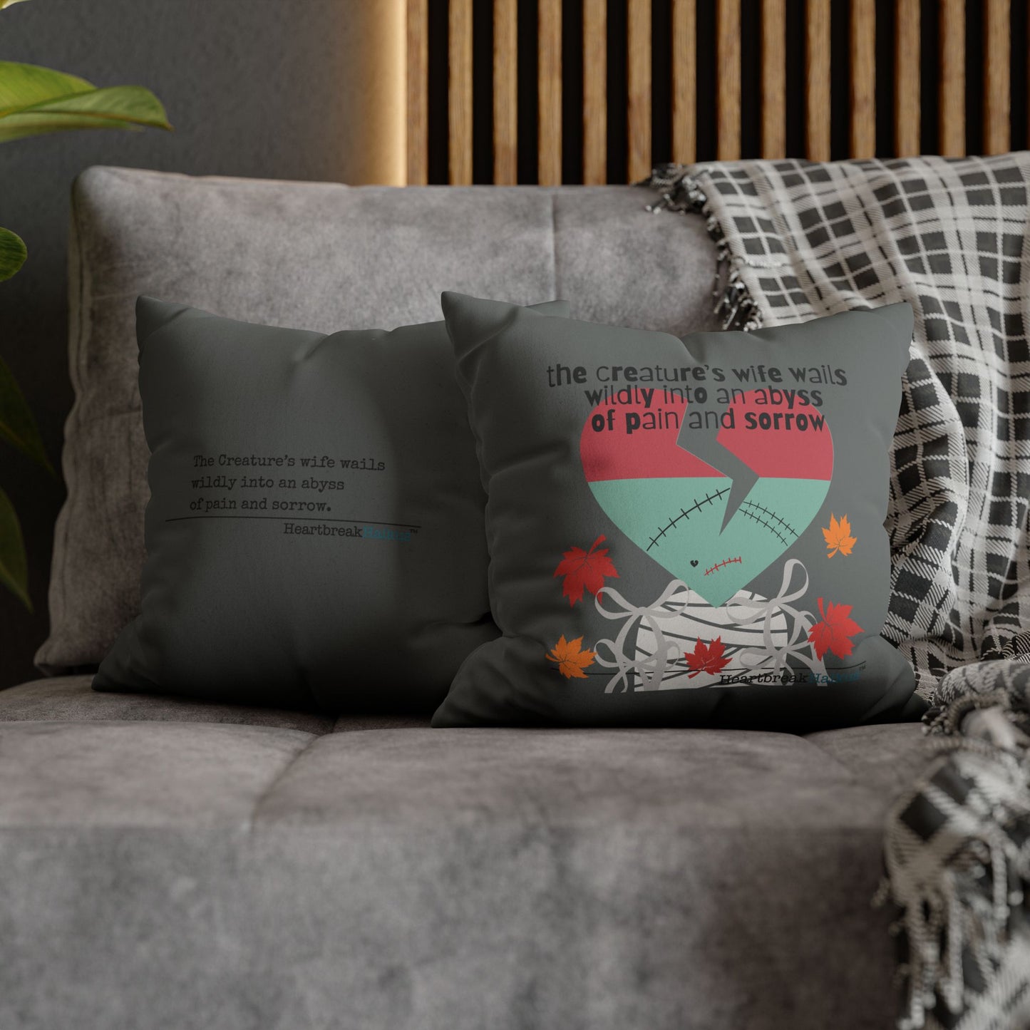 The Creature's Wife Wails Frankenstein Haiku - Faux Suede Square Pillowcase (in Moody Grey) - Frankenstein 2025 Makeover