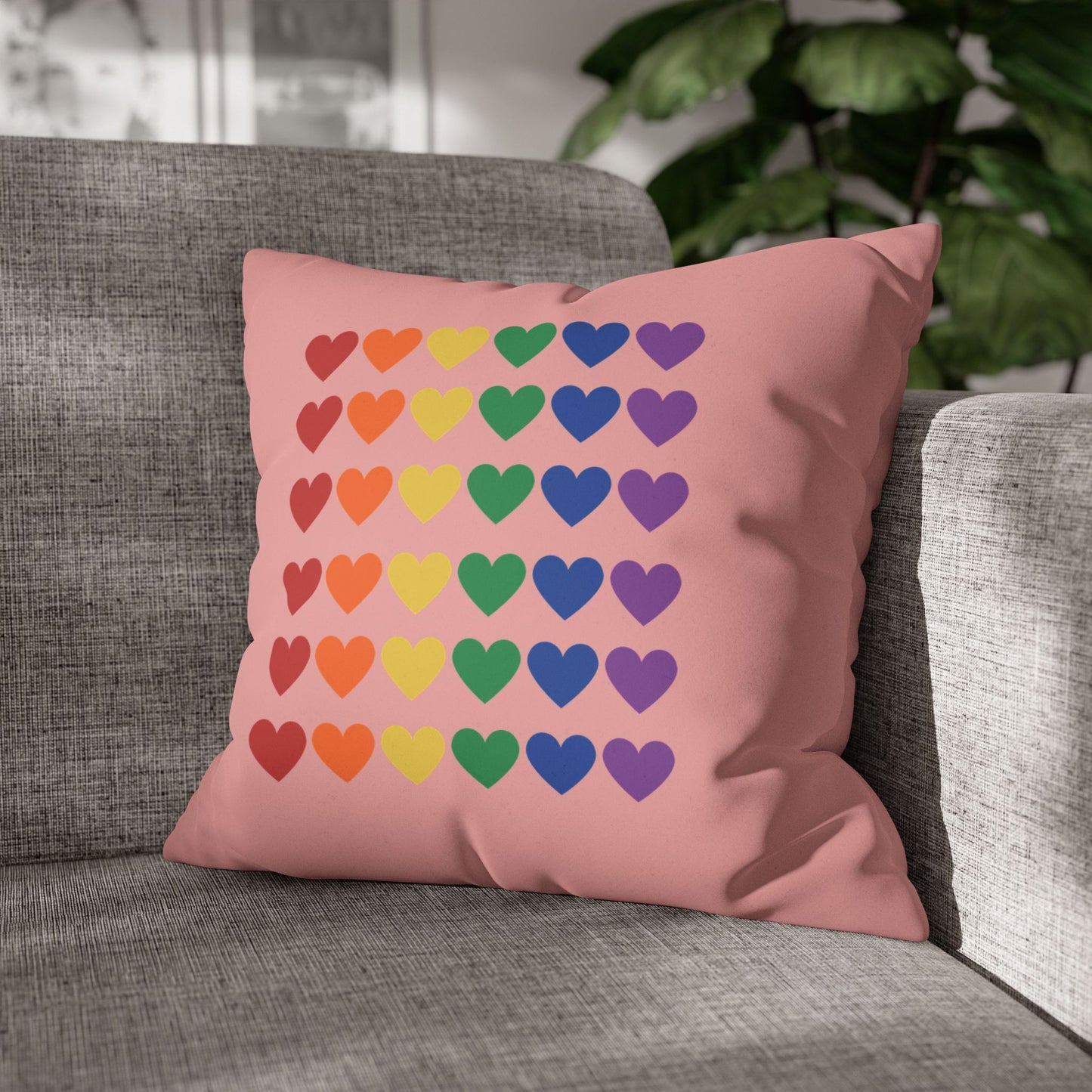 Rainbow Hearts on Pink - Faux Suede Square Pillowcase (Only Hearts Collection)