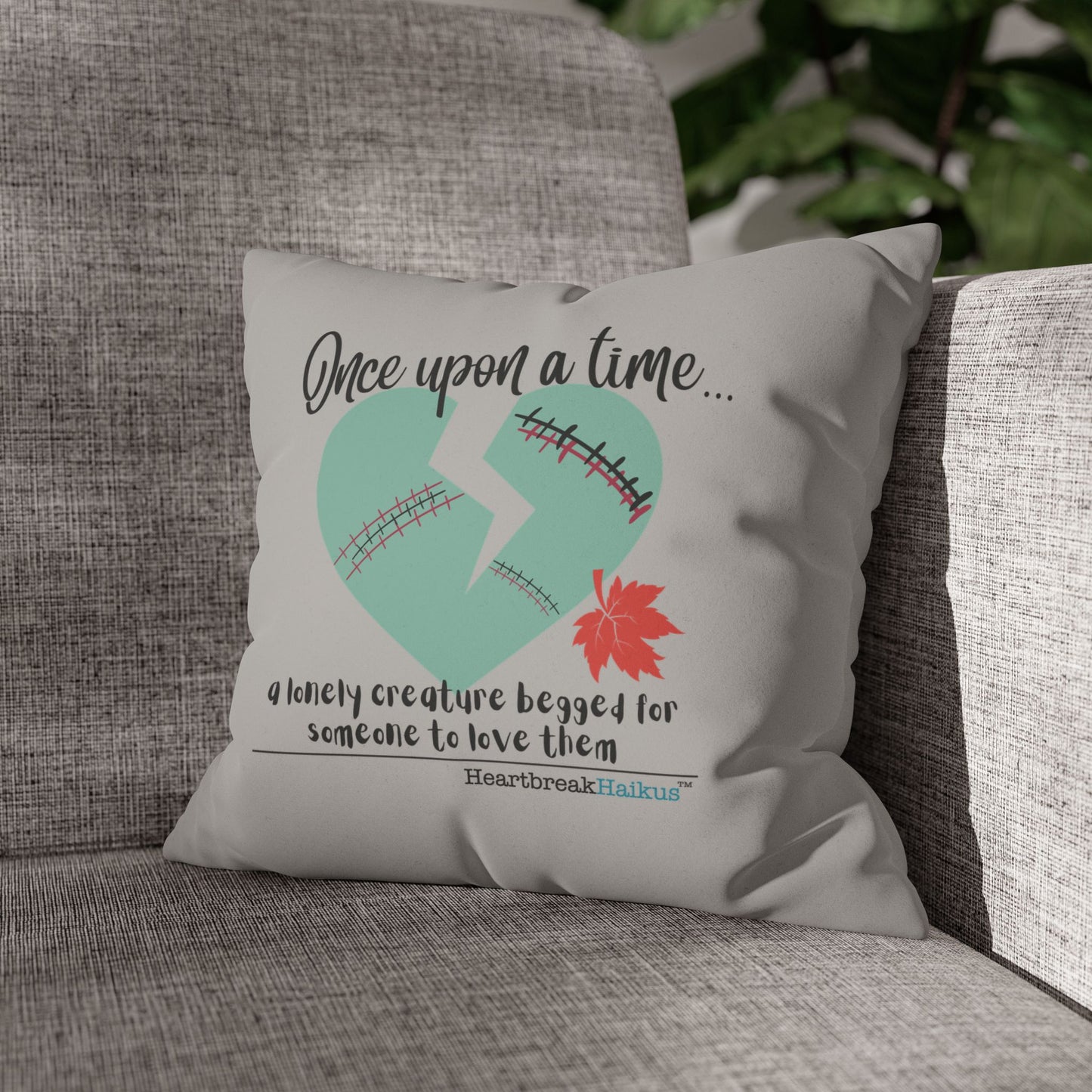 A Lonely Creature Begged Frankenstein Haiku - Faux Suede Square Pillowcase (in Light Grey) (Frankenstein 2025 Makeover)