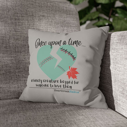 A Lonely Creature Begged Frankenstein Haiku - Faux Suede Square Pillowcase (in Light Grey) (Frankenstein 2025 Makeover)