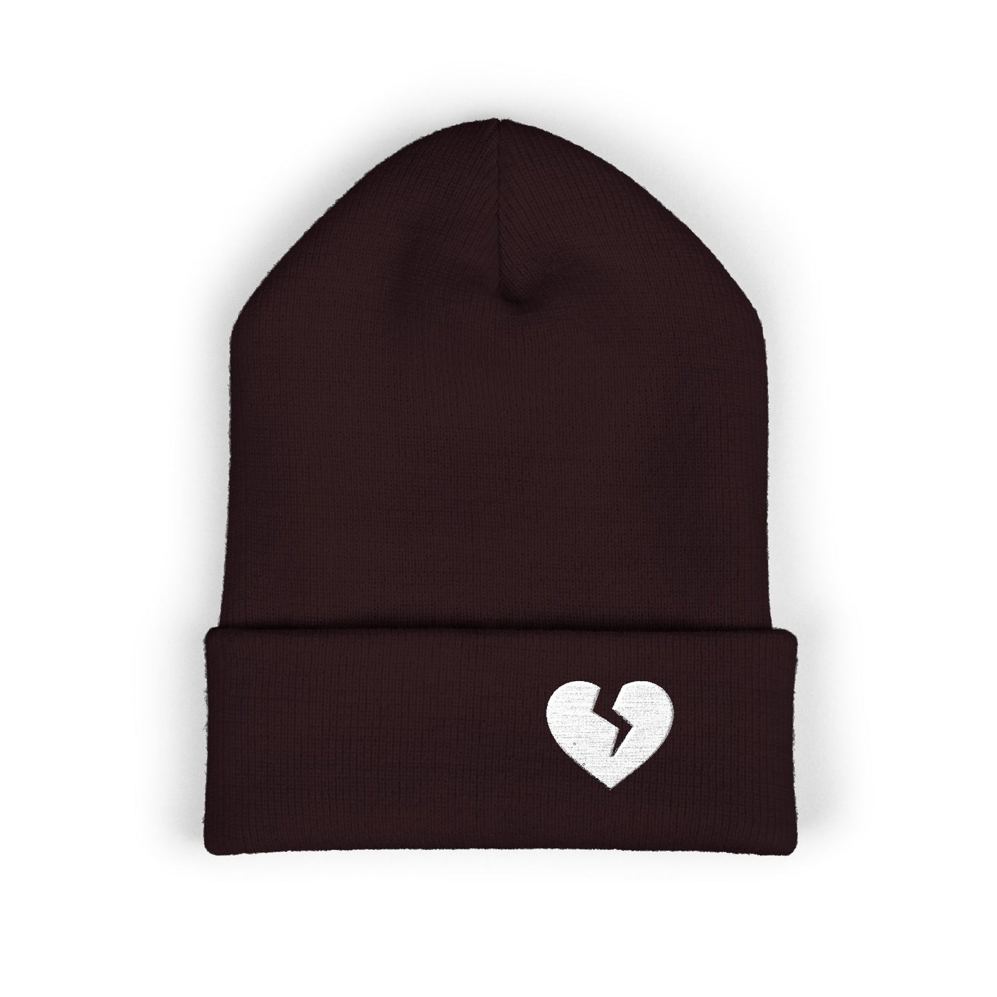 Embroidered Broken Heart Cuffed Beanie — White-Heart Minimalist Knit Hat
