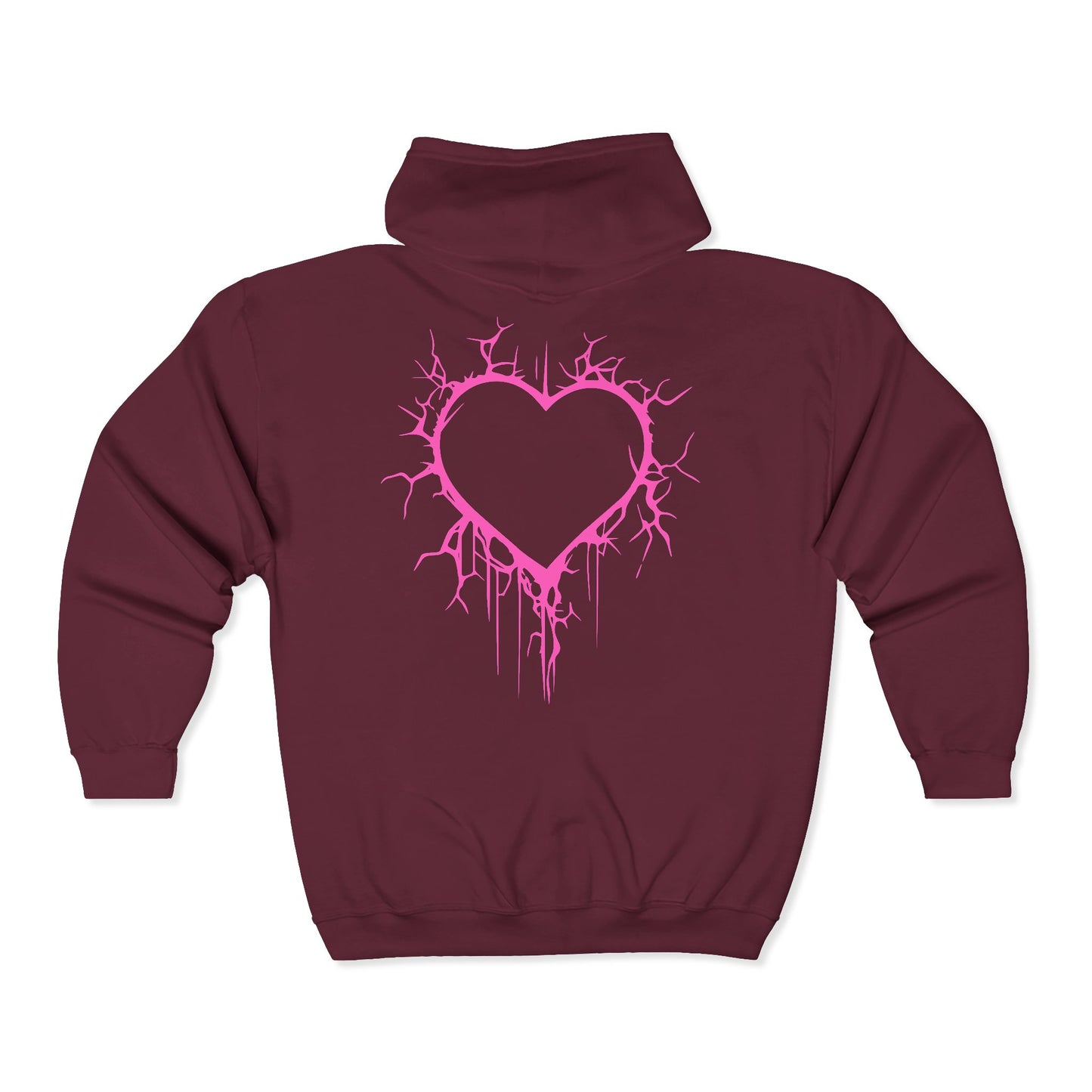 Lightning-Cracked Hollow Heart Zip Hoodie — Alternative/Goth/Punk Bleeding Heart Full‑Zip Sweatshirt in Electric Pink (The Only Hearts Collection)