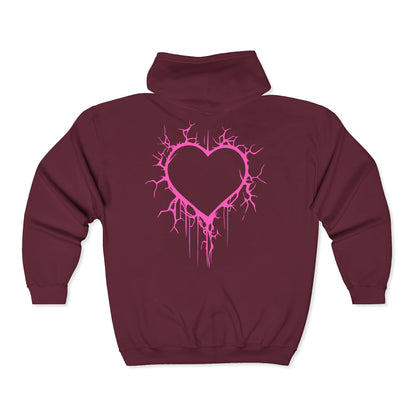 Lightning-Cracked Hollow Heart Zip Hoodie — Alternative/Goth/Punk Bleeding Heart Full‑Zip Sweatshirt in Electric Pink (The Only Hearts Collection)