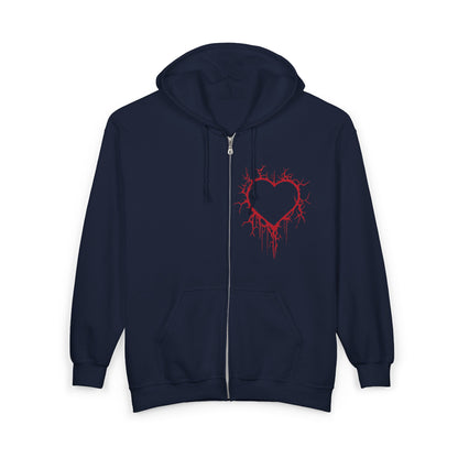 Cracked Hollow Heart Zip Hoodie — Alternative/Goth/Punk Bleeding Heart Full‑Zip Sweatshirt (The Only Hearts Collection)