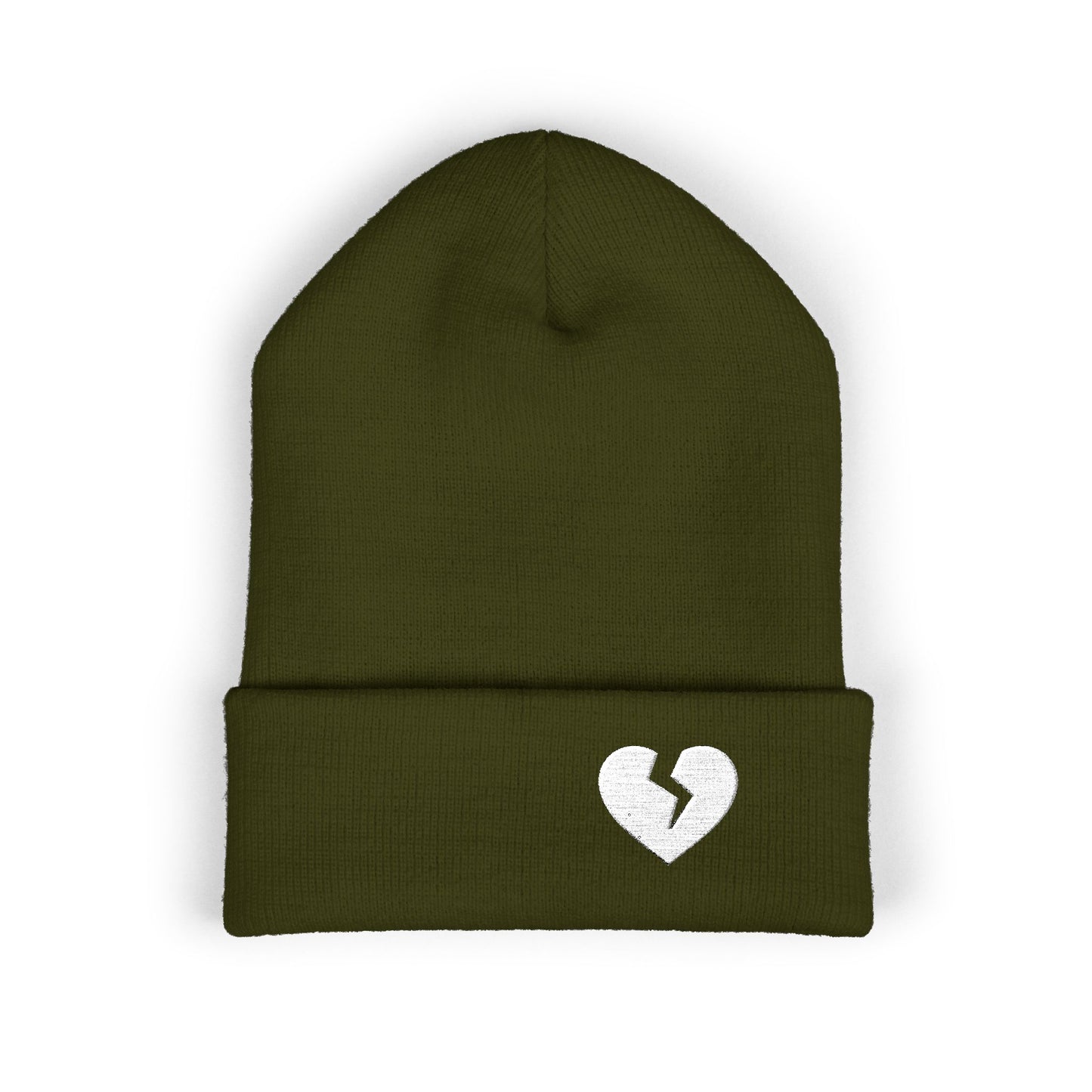 Embroidered Broken Heart Cuffed Beanie — White-Heart Minimalist Knit Hat