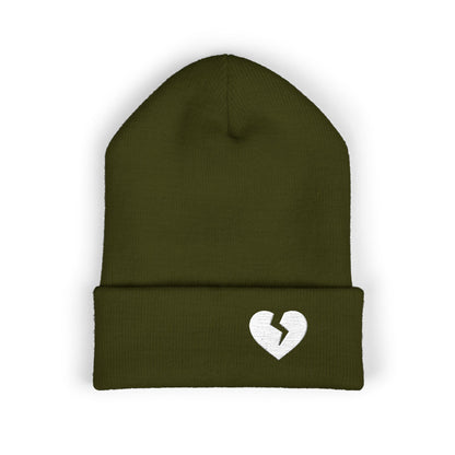 Embroidered Broken Heart Cuffed Beanie — White-Heart Minimalist Knit Hat