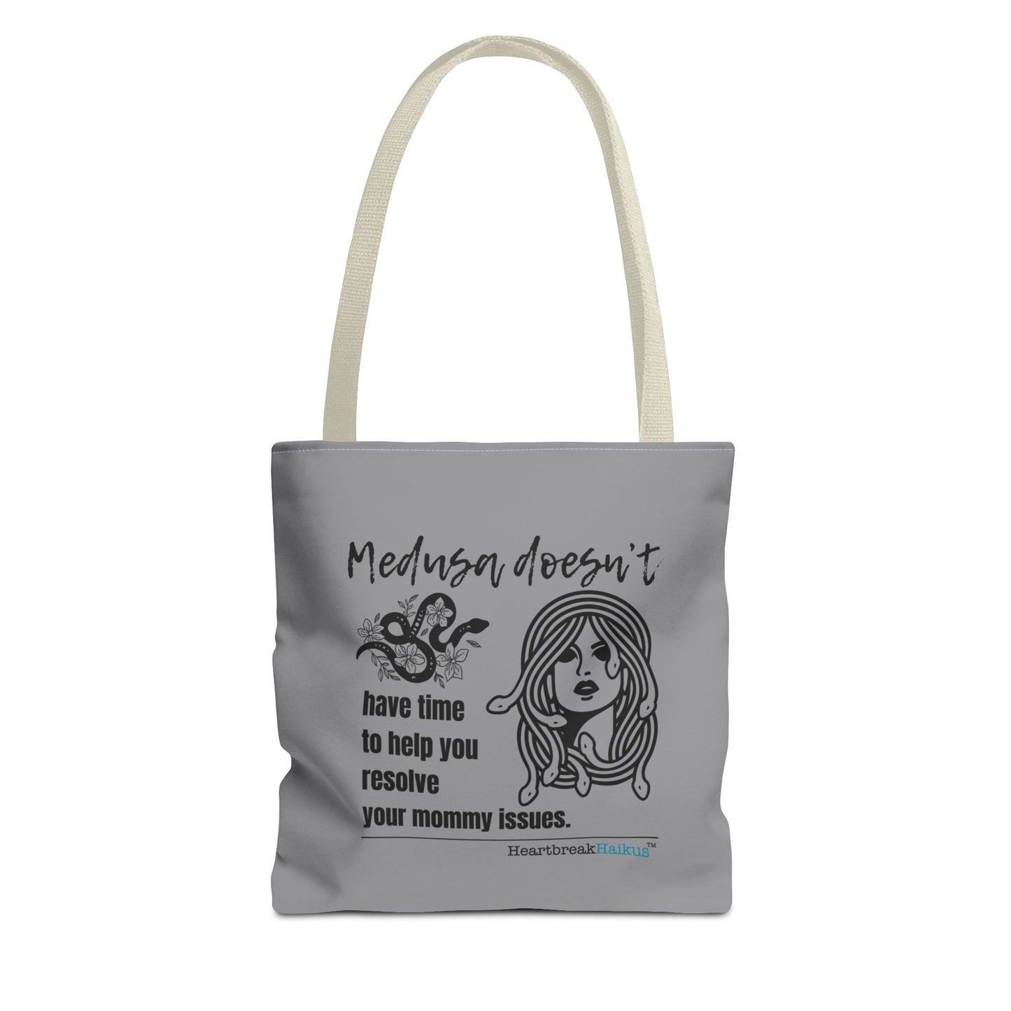 Medusa and Your Mommy Haiku - Tote Bag (Dual-sided print in Stone Grey)