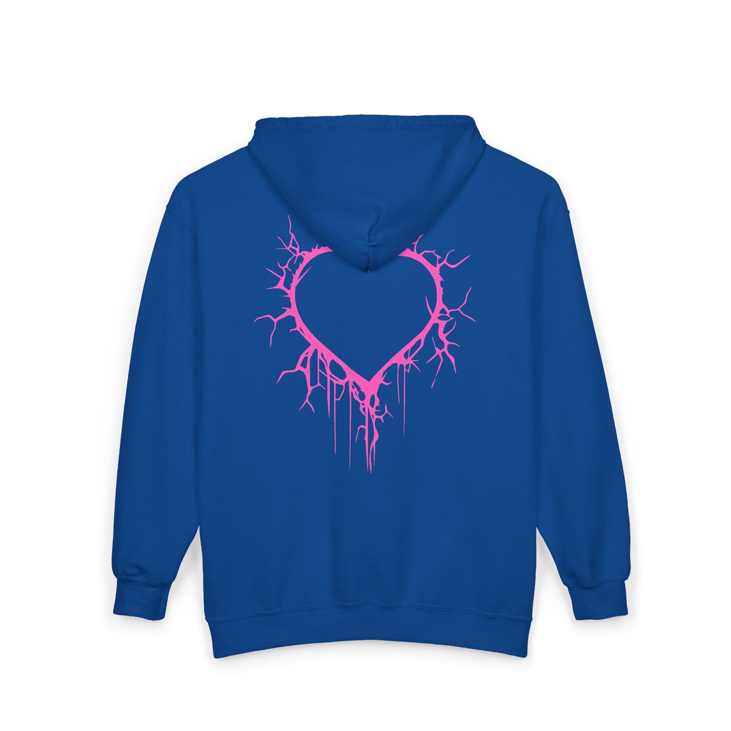Lightning-Cracked Hollow Heart Zip Hoodie — Alternative/Goth/Punk Bleeding Heart Full‑Zip Sweatshirt in Electric Pink (The Only Hearts Collection)