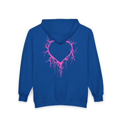 Lightning-Cracked Hollow Heart Zip Hoodie — Alternative/Goth/Punk Bleeding Heart Full‑Zip Sweatshirt in Electric Pink (The Only Hearts Collection)