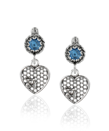 Bee on Honeycomb Heart Sterling Silver Gemstone Stud Earrings