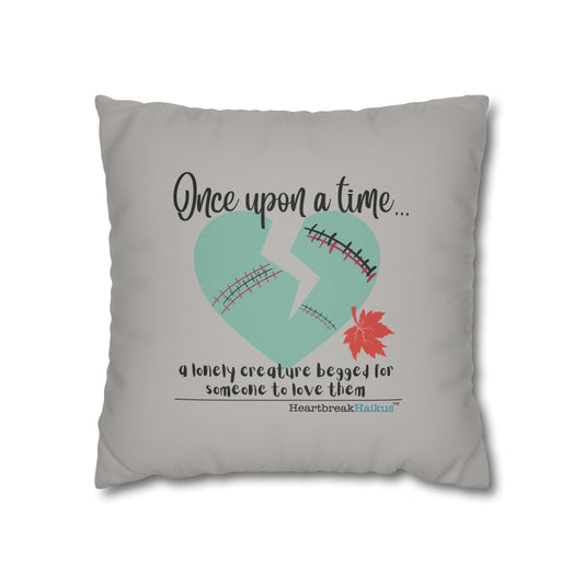 A Lonely Creature Begged Frankenstein Haiku - Faux Suede Square Pillowcase (in Light Grey) (2025 Edition)