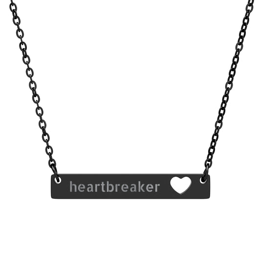 Cutout Heart Bar Necklace — Engraved “heartbreaker” Pendant