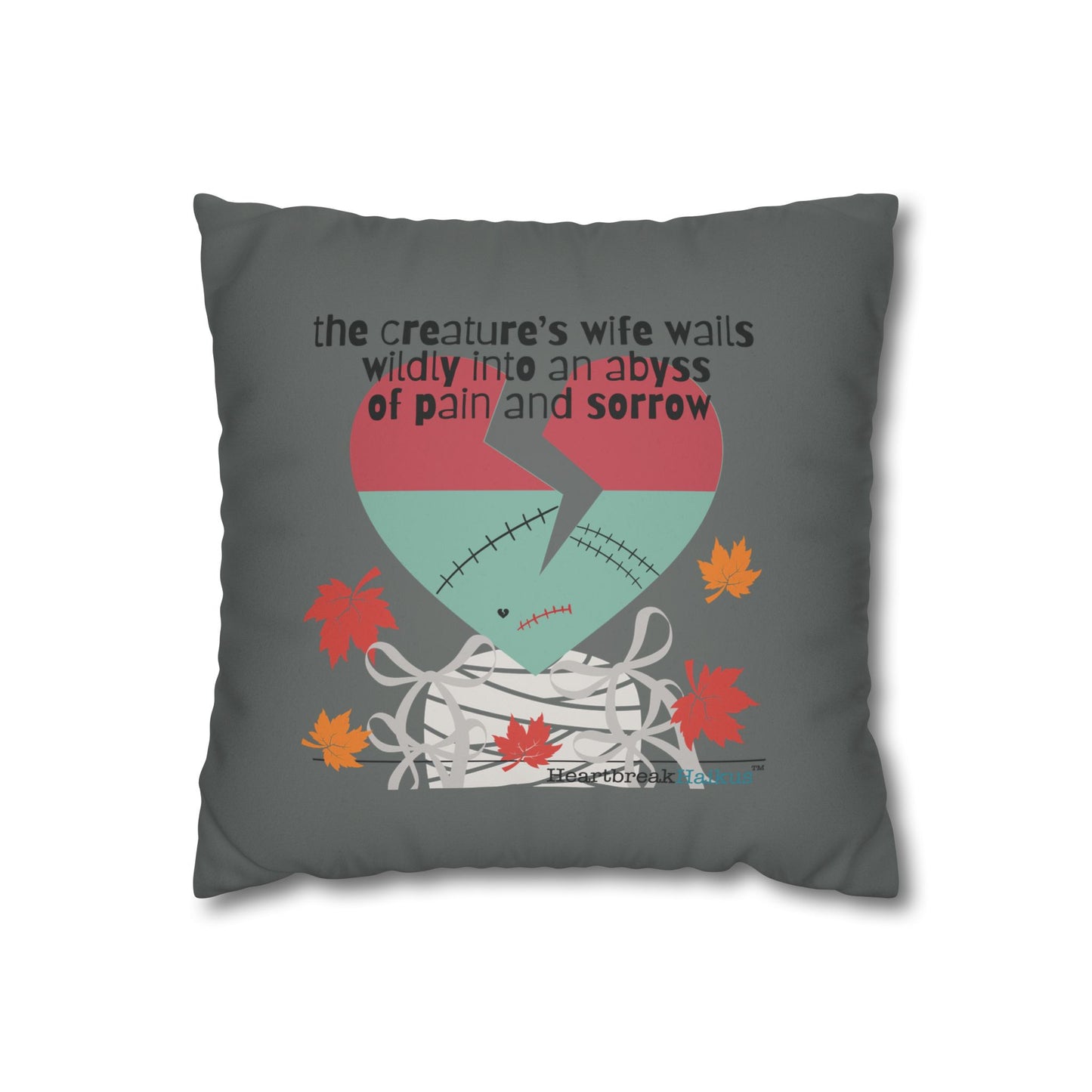 The Creature's Wife Wails Frankenstein Haiku - Faux Suede Square Pillowcase (in Moody Grey) - Frankenstein 2025 Makeover