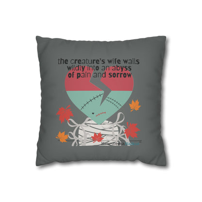 The Creature's Wife Wails Frankenstein Haiku - Faux Suede Square Pillowcase (in Moody Grey) - Frankenstein 2025 Makeover