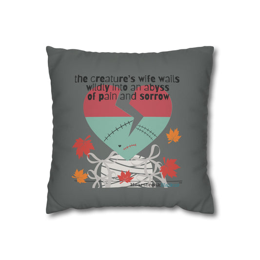 The Creature's Wife Wails Frankenstein Haiku - Faux Suede Square Pillowcase (in Moody Grey) - Frankenstein 2025 Makeover