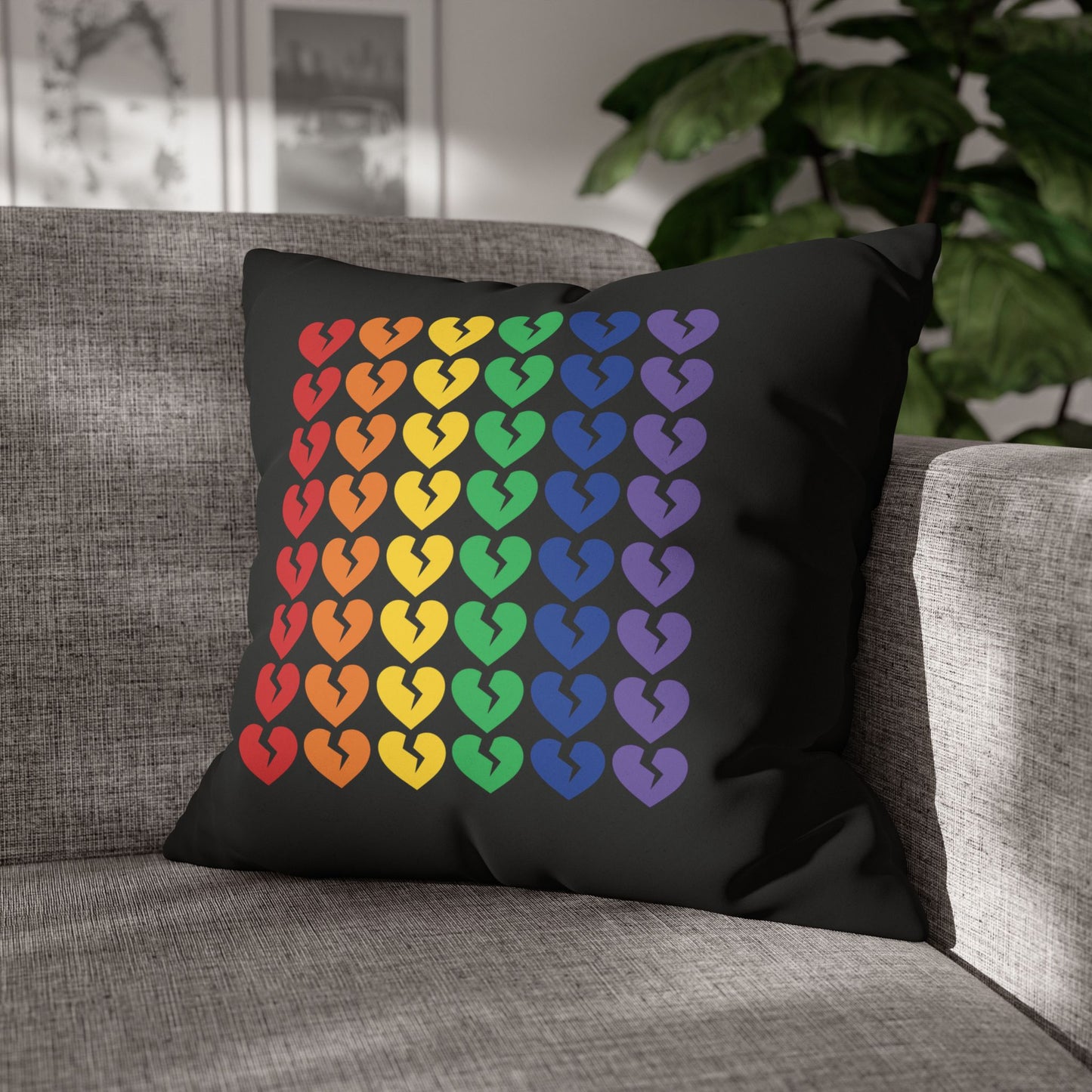 Rainbow Broken Hearts (on Midnight Black) - Faux Suede Square Pillowcase (Only Hearts Collection)