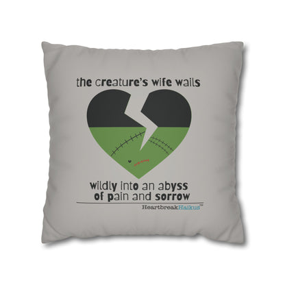 The Creature's Wife Wails Frankenstein Haiku - Faux Suede Square Pillowcase (in light grey)