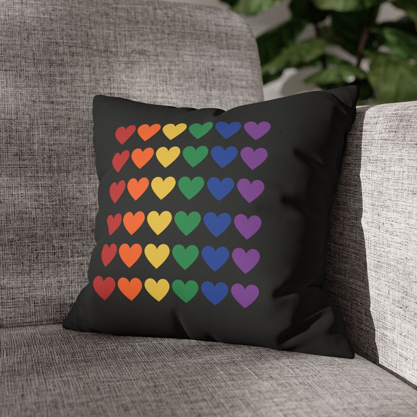 Rainbow Hearts on Black - Faux Suede Square Pillowcase (Only Hearts Collection)