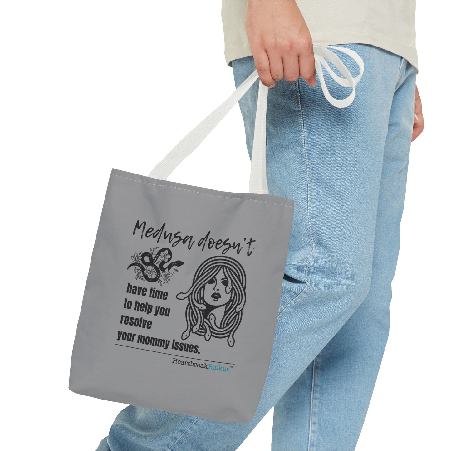 Medusa and Your Mommy Haiku - Tote Bag (Dual-sided print in Stone Grey)