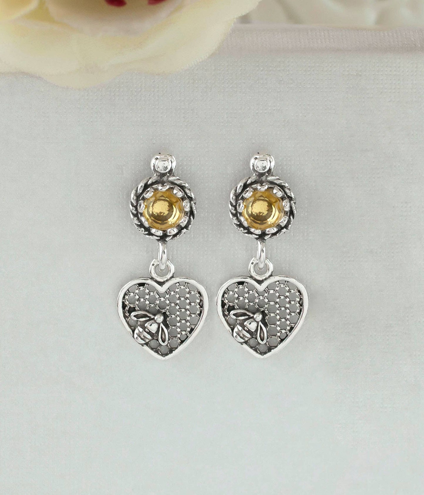 Bee on Honeycomb Heart Sterling Silver Gemstone Stud Earrings