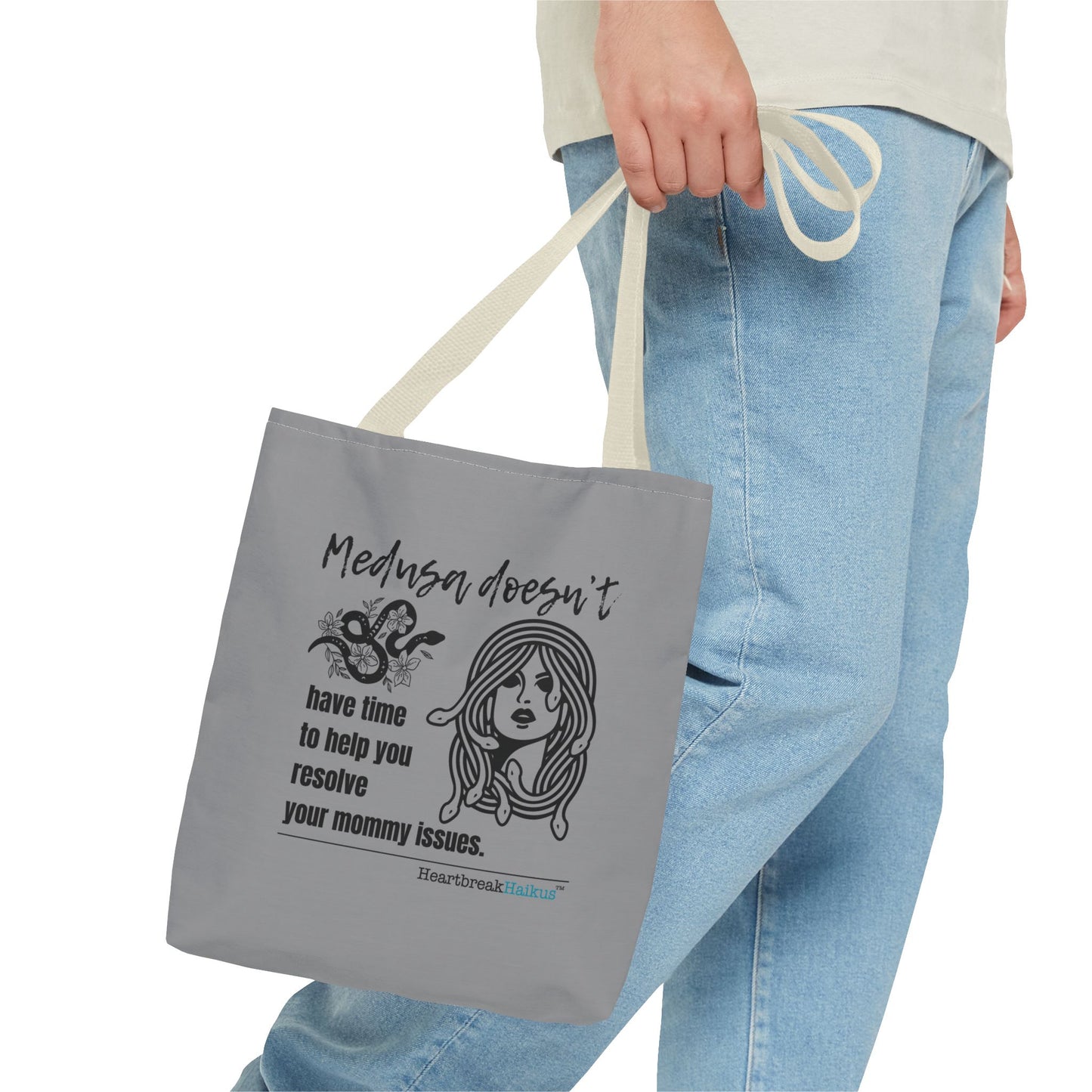 Medusa and Your Mommy Haiku - Tote Bag (Dual-sided print in Stone Grey)