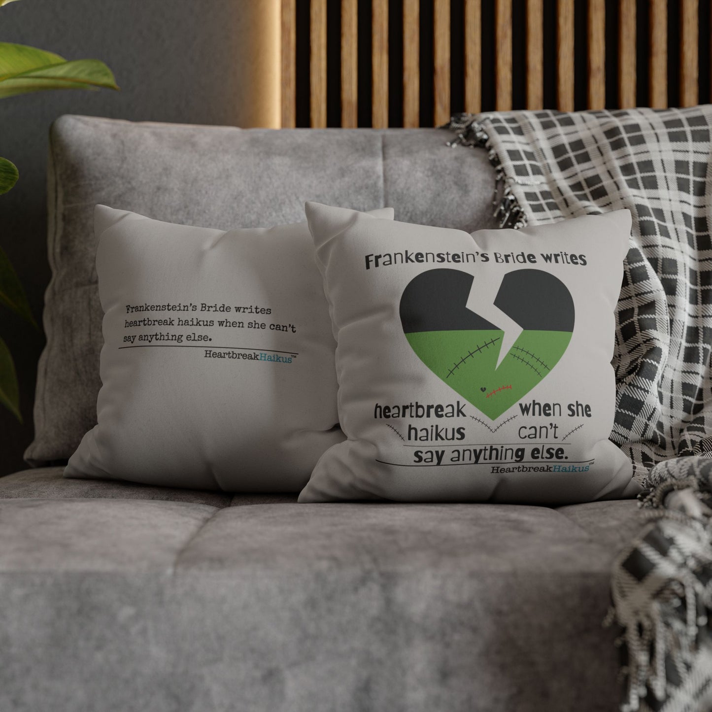 Frankenstein's Bride Writes Heartbreak Haikus - Faux Suede Square Pillowcase (in light grey)