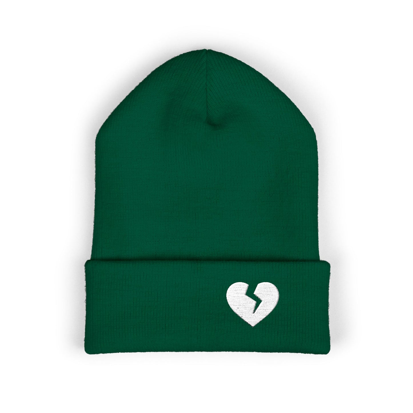 Embroidered Broken Heart Cuffed Beanie — White-Heart Minimalist Knit Hat