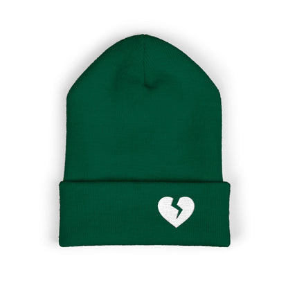 Embroidered Broken Heart Cuffed Beanie — White-Heart Minimalist Knit Hat