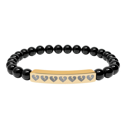 Broken Hearts Engraved Natural Stone Bar Bracelet — Stretch Beaded Heart Accent (The Only Hearts Collection)