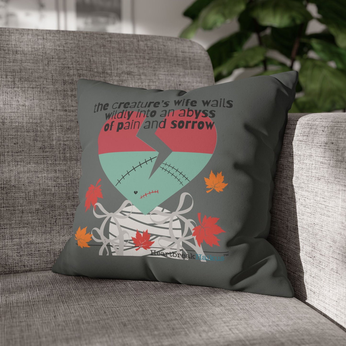 The Creature's Wife Wails Frankenstein Haiku - Faux Suede Square Pillowcase (in Moody Grey) - Frankenstein 2025 Makeover