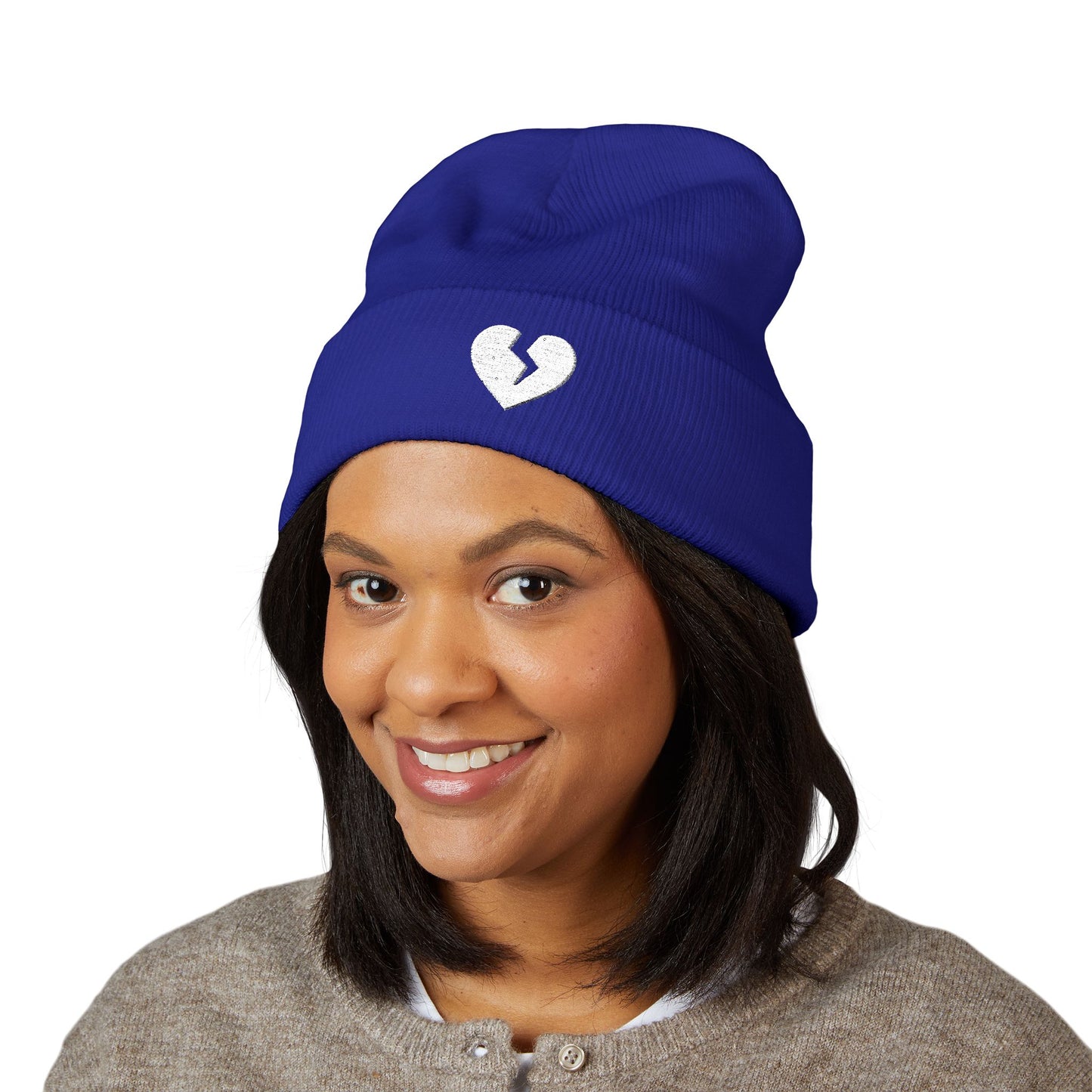 Embroidered Broken Heart Cuffed Beanie — White-Heart Minimalist Knit Hat