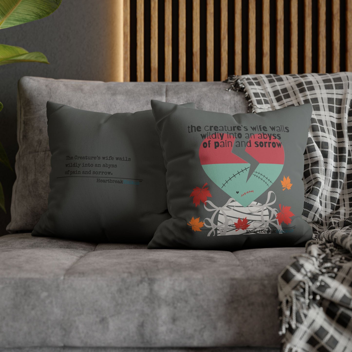 The Creature's Wife Wails Frankenstein Haiku - Faux Suede Square Pillowcase (in Moody Grey) - Frankenstein 2025 Makeover