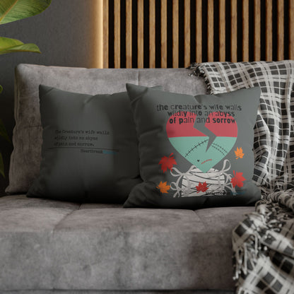 The Creature's Wife Wails Frankenstein Haiku - Faux Suede Square Pillowcase (in Moody Grey) - Frankenstein 2025 Makeover