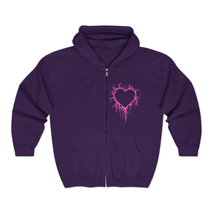 Lightning-Cracked Hollow Heart Zip Hoodie — Alternative/Goth/Punk Bleeding Heart Full‑Zip Sweatshirt in Electric Pink (The Only Hearts Collection)