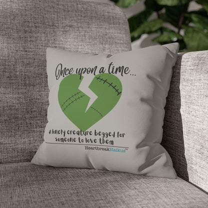 A Lonely Creature Begged Frankenstein Haiku - Faux Suede Square Pillowcase (in Light Grey)