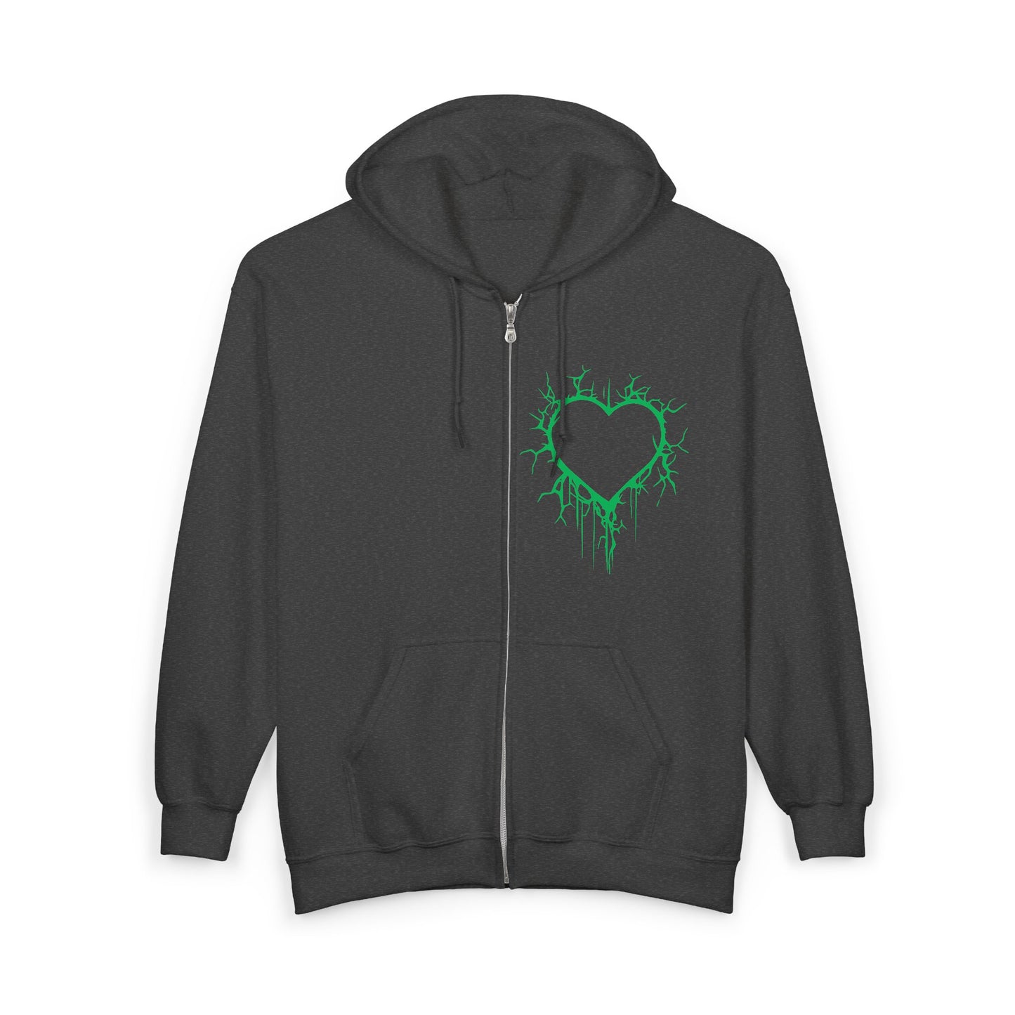 Lightning-Cracked Hollow Heart Zip Hoodie (in Electric Wicked Green) - (The Only Hearts Collection)