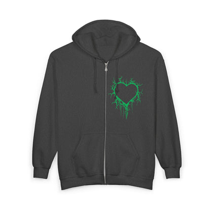Lightning-Cracked Hollow Heart Zip Hoodie (in Electric Wicked Green) - (The Only Hearts Collection)