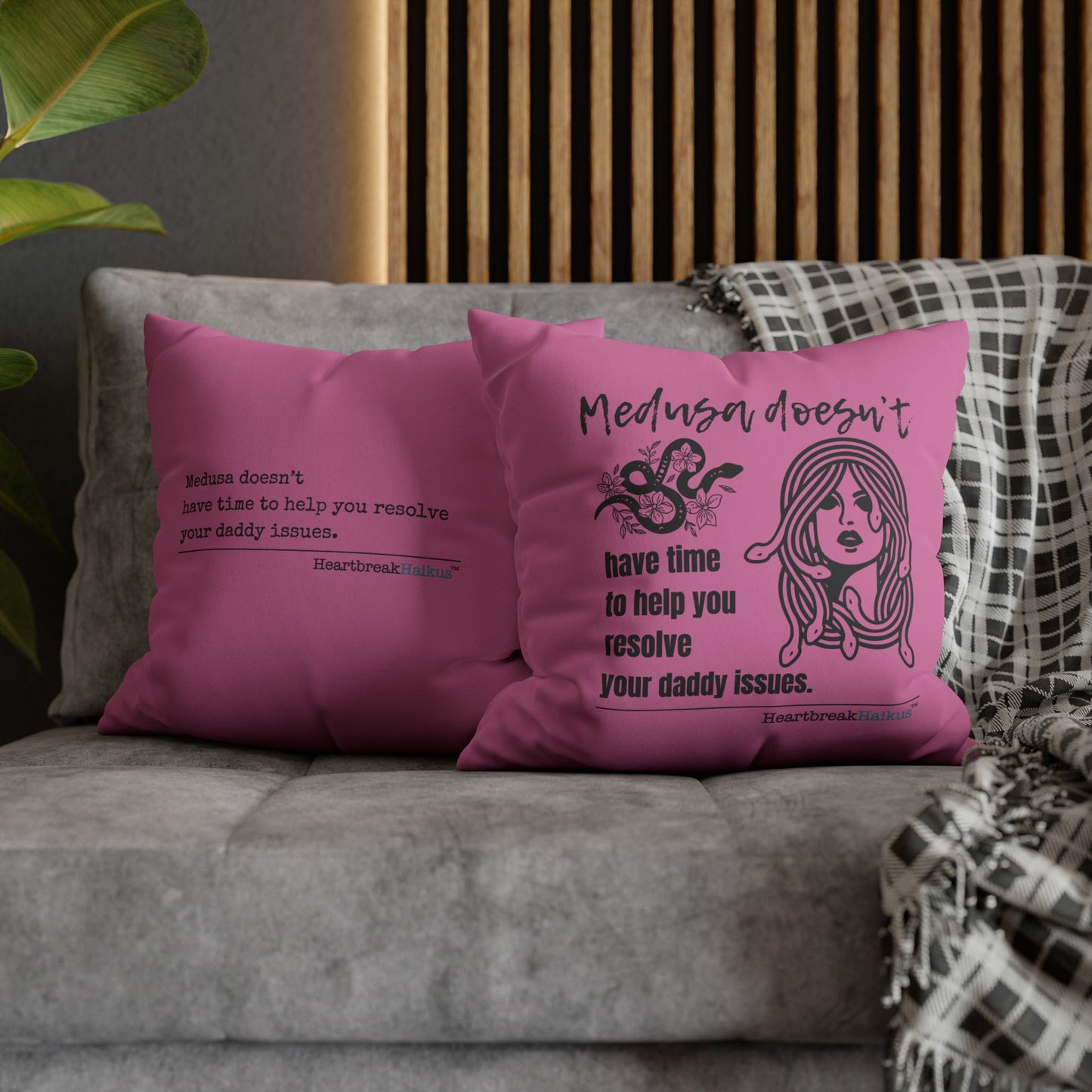Medusa and Your Daddy Haiku - Faux Suede Square Pillowcase (in Candy Pink)