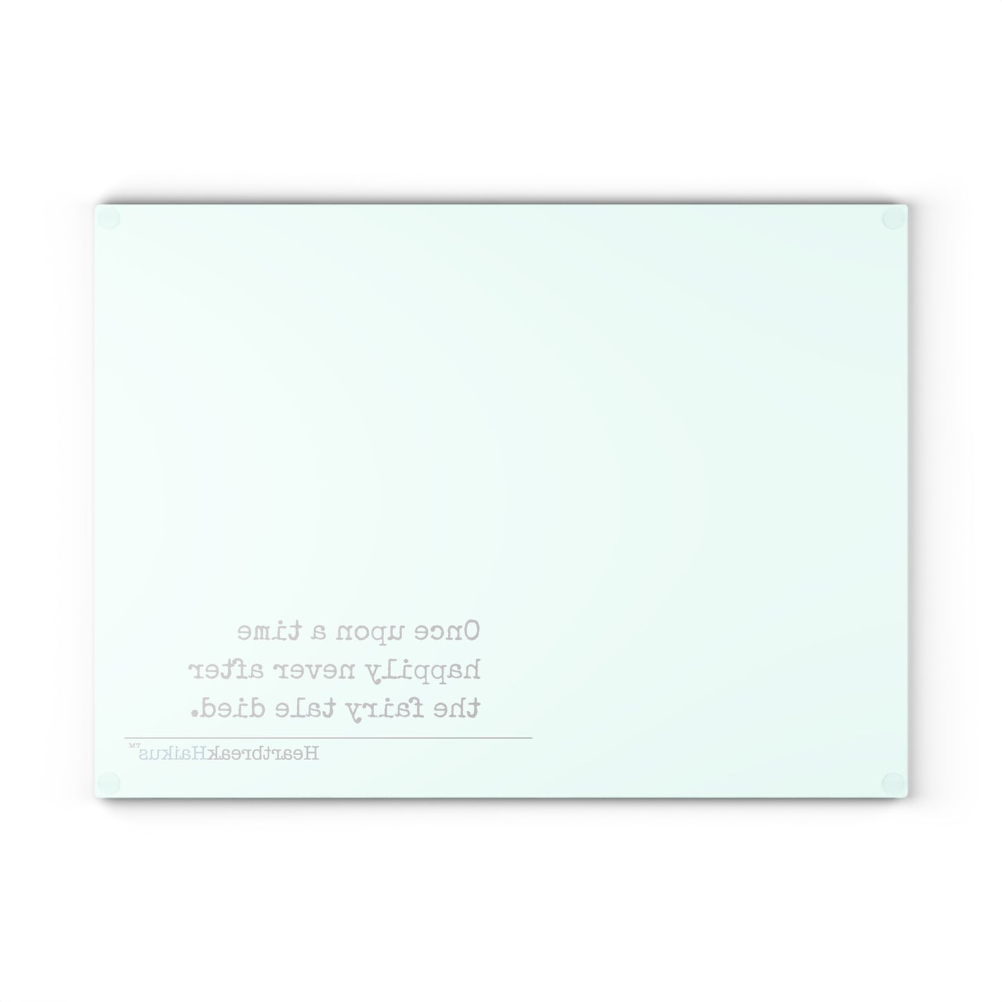 This cutting board features an original Heartbreak Haiku, perfect for adding a touch of creativity to your kitchen. The durable tempered glass material makes it a versatile preparation surface, while the vibrant colors and unique decoration process ensure