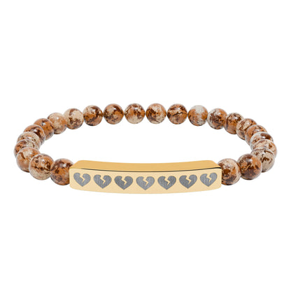Broken Hearts Engraved Natural Stone Bar Bracelet — Stretch Beaded Heart Accent (The Only Hearts Collection)