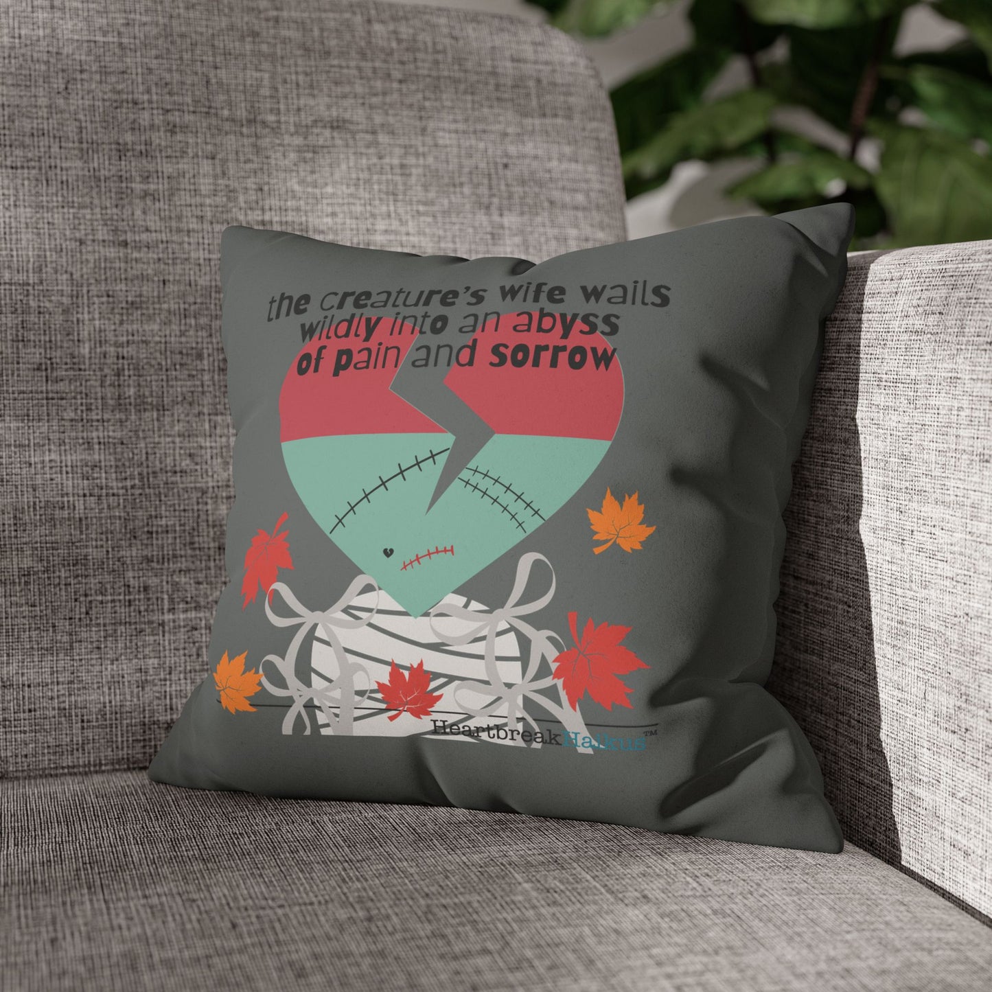 The Creature's Wife Wails Frankenstein Haiku - Faux Suede Square Pillowcase (in Moody Grey) - Frankenstein 2025 Makeover