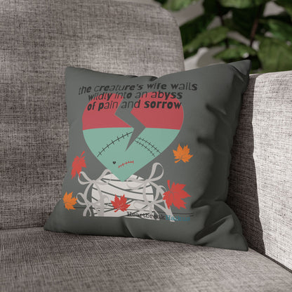 The Creature's Wife Wails Frankenstein Haiku - Faux Suede Square Pillowcase (in Moody Grey) - Frankenstein 2025 Makeover